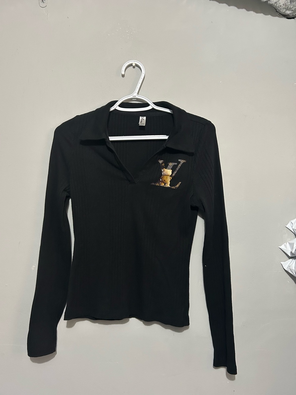 Black Long-Sleeve Ribbed Polo Top with Teddy Patch - Unbranded